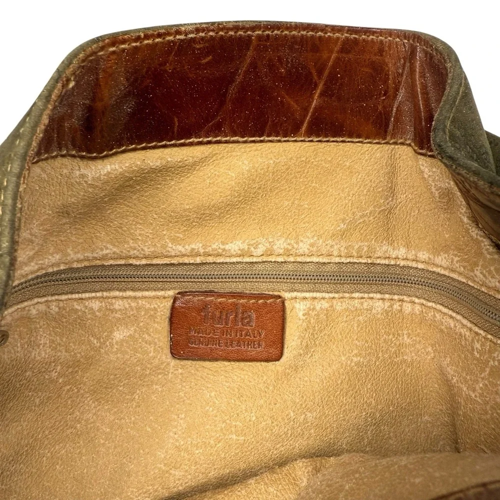 Furla Soft Italian Suede Large‎ Hobo Bag Brown Croc Embossed Leather Trim Buckle